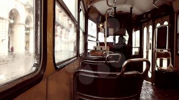 empty vintage tram in a rainy day