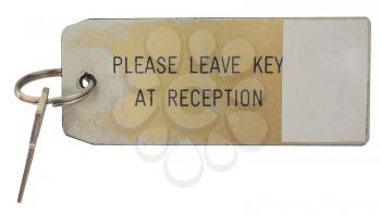Hotel room key - Please leave key at reception isolated over white background
