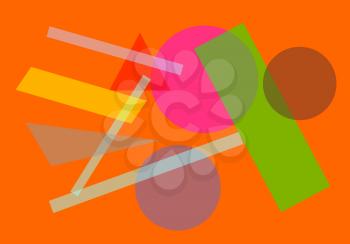 abstract geometric image with multi colour circles rectangles and triangles over orange background