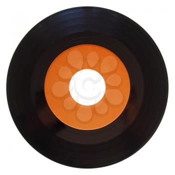 Vinyl record vintage analog music recording medium, 45rpm single with orange label isolated over white