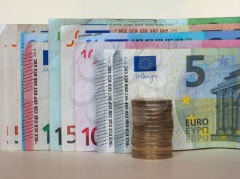 Euro (EUR) banknotes and coins, currency of European Union (EU)