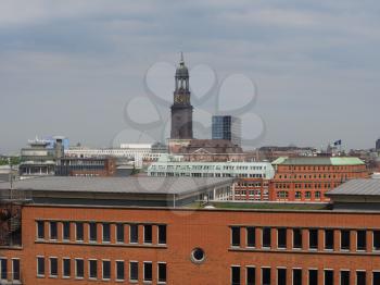 Aerial view of the city skyline seen from Hafencity in Hamburg, Germany