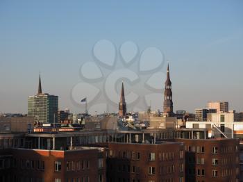 Aerial view of the city skyline seen from Hafencity of Hamburg, Germany