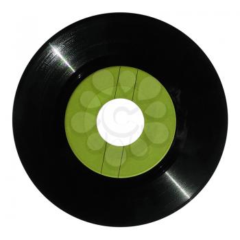 Vinyl record vintage analog music recording medium with yellow green label isolated over white