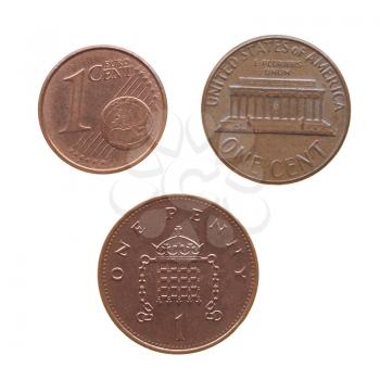 One Euro cent One Dollar cent One Penny coins