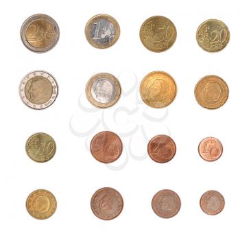 Euro coins including both the international and national side of Belgium