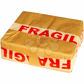 Fragile corrugated cardboard packet isolated on white