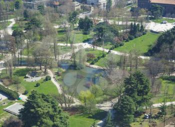Aerial view of Parco Sempione park in the city of Milan in Italy