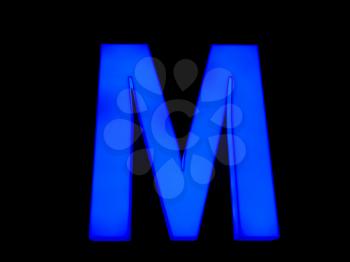 Blue neon light capital letter M over black background