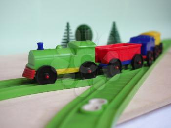 plastic scale model toy train and railway, selective focus