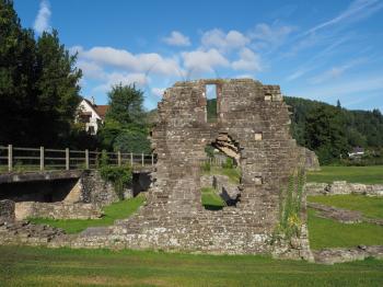Tintern Abbey (Abaty Tyndyrn in Welsh) inner court ruins in Tintern, UK