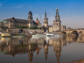 Dresden Cathedral of the Holy Trinity aka Hofkirche Kathedrale Sanctissimae Trinitatis in Dresden Germany seen from the Elbe river