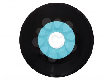 Single vinyl record vintage analog music recording medium 45 rpm isolated over white, blue label