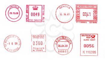 Postage meters, rubber stamps, mail labels isolated over white