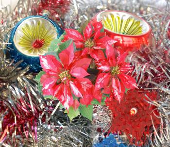 Christmas decorations with baubles, tinsel and lights