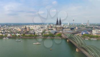Aerial view of Koeln city centre seen from River Rhein (Rhine). From left to right, the Altstadt (old town), Rathaus (town hall), Dom (cathedral) and Hohenzollern Bridge