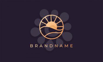 monoline luxury gold logo design of sea water wave and sun in a circle suitable for identity