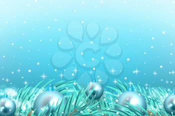 winter celebration background with snow, tree branches, and glowing blue ball ornaments for a Merry Christmas holiday in December