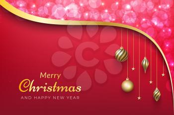 Merry Christmas holiday background in red color with sparkling gold ribbon for winter celebration greeting card in december