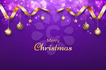 Purple christmas background with gold ribbon, glitter bokeh effects and ornaments. vectors for design invitations, advertisements, banners, posters, greeting cards, social media posts and more