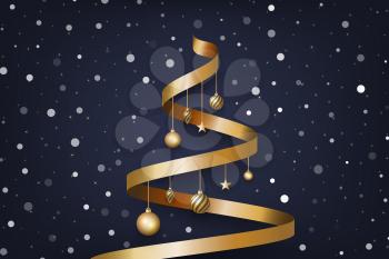Christmas background with tree made of golden ribbon and snow. vector designs for invitations, advertisements, banners, posters, greeting cards, social media posts and more