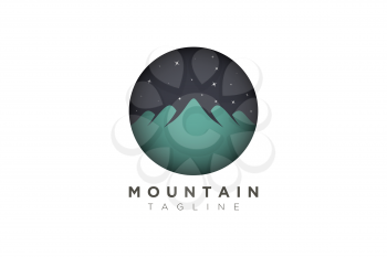 vector design of a mountain at night with stars. Minimalistic and simple in a circle
