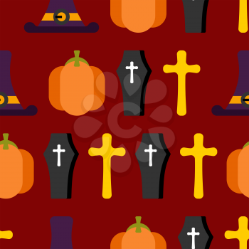 Halloween seamless pattern. Background for terrible holiday. hat witch and tombstone. Pumpkin and zombies
