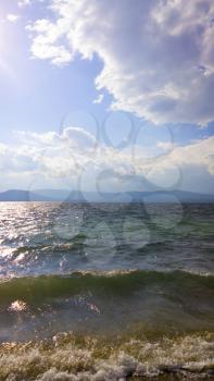 Waves on sea. Storm on lake. End of storm. Nature background
