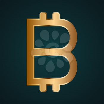 Bitcoin icon vector logo. Gradient gold metal with dark background
