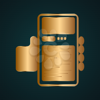 Holding a smartphone vector. Gold metal with dark background