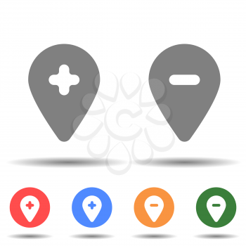 Location pin with cross line icon. Hospital add remove location