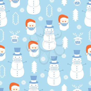 Santa Claus, snowman and deer wearing a protective face mask. Christmas and pandemic related seamless vector pattern