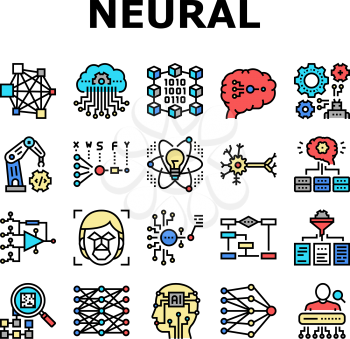 Neural Network And Ai Collection Icons Set Vector. Biological And Binary Neural Network, Mathematical And Artificial Model, Algorithm And Learn Concept Linear Pictograms. Contour Color Illustrations