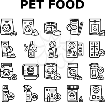 Pet Products Food Collection Icons Set Vector. Dry And Canned Food For Cat And Dog Domestic Animal, Vitamins And Medicine For Worms Black Contour Illustrations