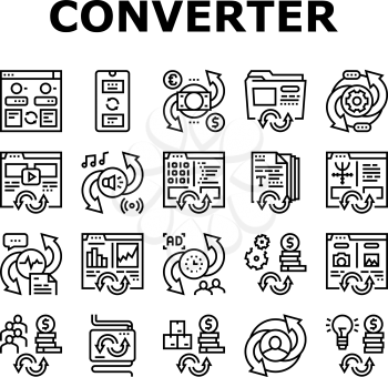Converter Application Collection Icons Set Vector. Currency And Abstract, Video And Audio Files, Image And Program Code Converter Black Contour Illustrations
