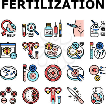 Fertilization Treat Collection Icons Set Vector. Fertilization Help And Consultation, Analysis And Medicaments, Ovulation And Freezing Sperm Concept Linear Pictograms. Contour Color Illustrations