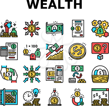Wealth Finance Capital Collection Icons Set Vector. Millionaire Money Wealth And Financial Income, Budget And Investor Diversification Concept Linear Pictograms. Contour Color Illustrations