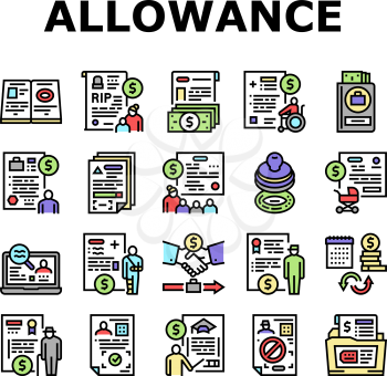 Allowance Finance Help Collection Icons Set Vector. Checking Status And Issue Of Allowance, Loss Of Breadwinner And Pregnancy Concept Linear Pictograms. Contour Color Illustrations