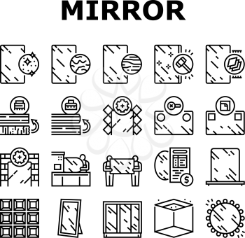 Mirror Installation Collection Icons Set Vector. Silver, Bronze or Graphite Mirror, Making For Wardrobe And Bathroom, Polishing And Making Custom Black Contour Illustrations