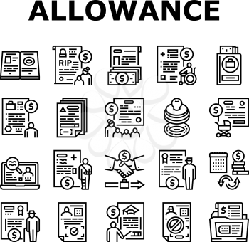 Allowance Finance Help Collection Icons Set Vector. Checking Status And Issue Of Allowance, Loss Of Breadwinner And Pregnancy Black Contour Illustrations