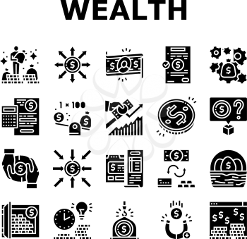 Wealth Finance Capital Collection Icons Set Vector. Millionaire Money Wealth And Financial Income, Budget And Investor Diversification Glyph Pictograms Black Illustrations