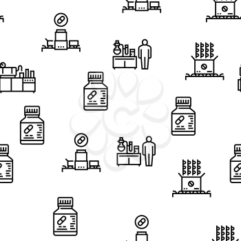 Medical Drugs Production Factory Vector Seamless Pattern Thin Line Illustration