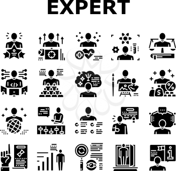 Expert Human Skills Collection Icons Set Vector. Universal And Business Expert, Lawyer And Economic, Technical And Social, Art And Medical Glyph Pictograms Black Illustrations