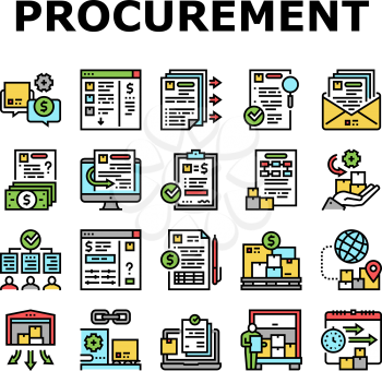 Procurement Process Collection Icons Set Vector. Procurement Warehouse And Contract, Purchase Requisition And Budget Approval Concept Linear Pictograms. Contour Color Illustrations