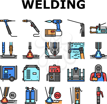 Welding Machine Tool Collection Icons Set Vector. Welding Equipment And Electrodes, Manual Arc And Plasma, Electroslag And Spot Concept Linear Pictograms. Contour Color Illustrations
