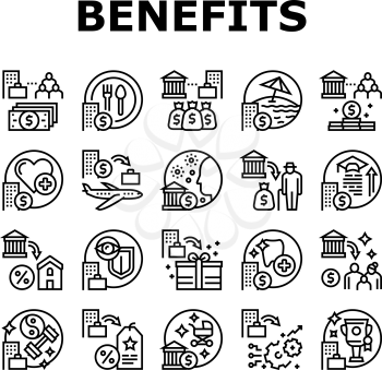 Benefits For Business Collection Icons Set Vector. Benefits For Employees And Social Protection, Free Lunch And Transport, Career And Experience Black Contour Illustrations