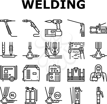 Welding Machine Tool Collection Icons Set Vector. Welding Equipment And Electrodes, Manual Arc And Plasma, Electroslag And Spot Black Contour Illustrations