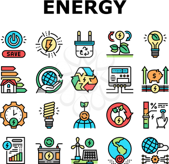Energy Saving Tool Collection Icons Set Vector. Solar Panel And Electric Meter Energy Saving Equipment, Ecology Removal And Recycling Concept Linear Pictograms. Contour Color Illustrations