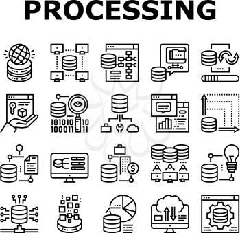 Digital Processing Collection Icons Set Vector. File Compression And Visualization, Download And Upload File Digital Processing Black Contour Illustrations