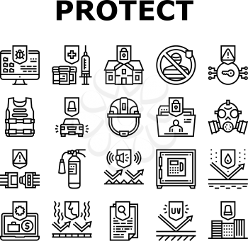 Protect Technology Collection Icons Set Vector. Smell And Noise, Uv And Waterproof Protect Layer, House And Office Protection Equipment Black Contour Illustrations